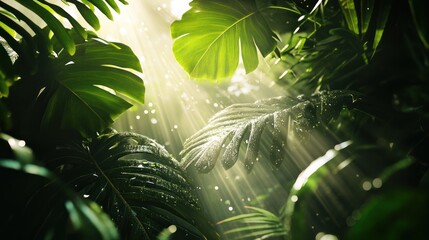 Wall Mural - Sunbeams Piercing Through Lush Tropical Rainforest Canopy