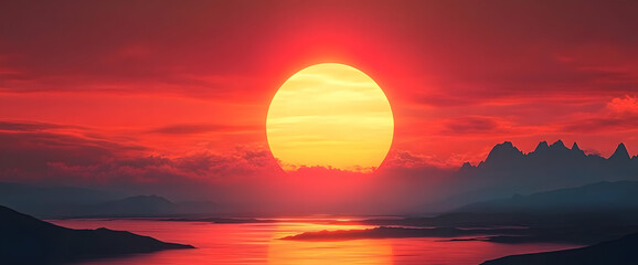 Canvas Print - Hot sunset with a red sun on the background in the summer. 