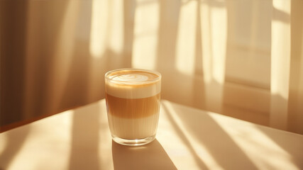 Latte Coffee Glass Illuminated by Sunlight With Soft Shadows in the Background