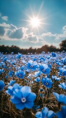 Wall Mural - vibrant field of blue flowers under a sunny sky with clouds in a serene landscape