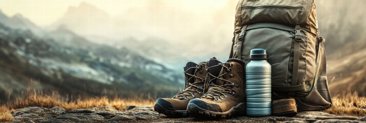 Poster - Explore the wilderness with essential backpacking gear including boots and a water bottle. Generative AI