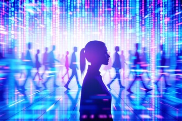 Wall Mural - Silhouette of a woman with digital background, abstract light effects, and walking people in motion behind her.