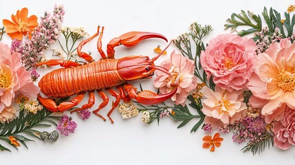 Sticker - Lobster surrounded by colorful flowers on a light background