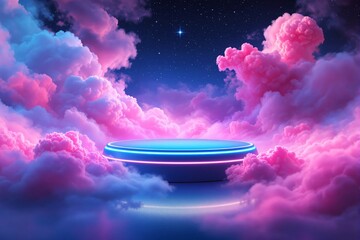 Wall Mural - futuristic glowing platform floating among vibrant pink and blue clouds under a starry night sky.