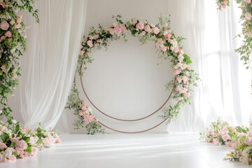 Wall Mural - Floral wedding arch with pink roses and greenery.