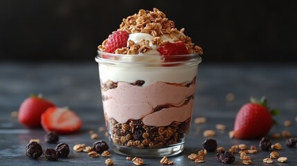 Canvas Print - Delicious layered dessert with strawberries and granola served in a glass on a dark countertop