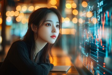 Poster - Focused Businesswoman Analyzing Digital Data with Dynamic Lights in Modern Setting