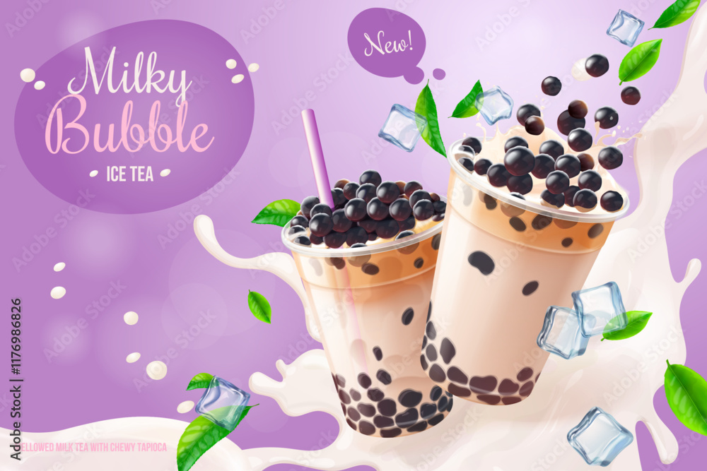 Bubble tea advertising. Boba drink milk with tapioca pearls, asian cool ...