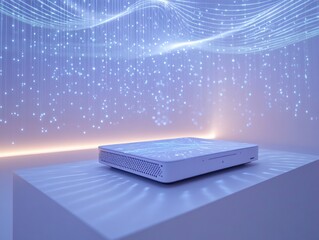 Poster - Futuristic Laptop on a Desk with Holographic Data Flow in a Neon Blue Setting