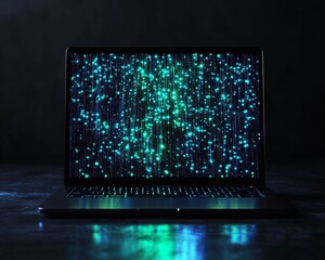 Poster - Futuristic Digital Security Concept with Laptop and Dynamic Light Patterns