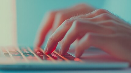 Poster - Close-Up of Hands Typing on Laptop Keyboard with Blue Glow - Digital Security Concept