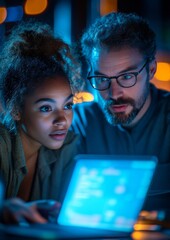 Aufkleber - Diverse Team Collaborating on Cybersecurity at Night in Blue Light