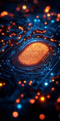 Poster - Futuristic Biometric Security Interface with Glowing Fingerprint in Neon Light