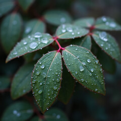 Wall Mural - Close-up of dew-covered leaves with soft, blurred background.