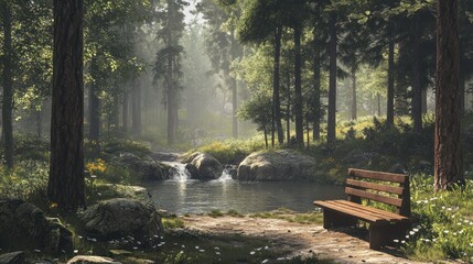 Wall Mural - Serene Forest Escape: A Wooden Bench by a Tranquil Stream