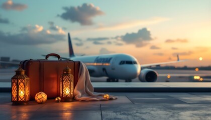 A table showcases a suitcase and lanterns, with an airplane behind, embodying the spirit of travel in Ramadan