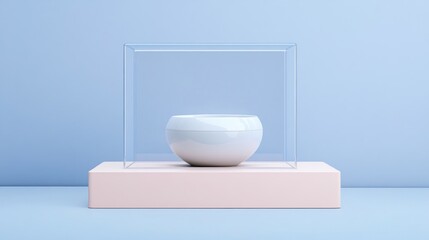 Wall Mural - Minimalist Product Display: Elegant White Bowl in Glass Cube on Pastel Platform