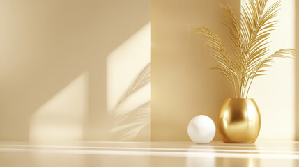 Wall Mural - A gold vase with a white ball sits in front of a wall