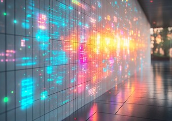 Aufkleber - Futuristic Light Display on Digital Wall with Holographic Patterns and Neon Colors