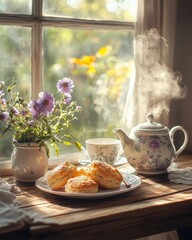 Wall Mural - Rustic Tea Time Earl Grey Scones on Sunlit Table