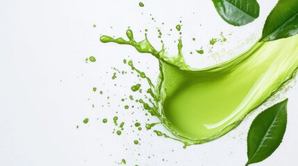 Wall Mural - Vibrant Green Matcha Tea Splash with Fresh Leaves