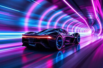 Wall Mural - Futuristic black sports car speeding in a neon-lit tunnel with vibrant purple and blue light streaks in motion.