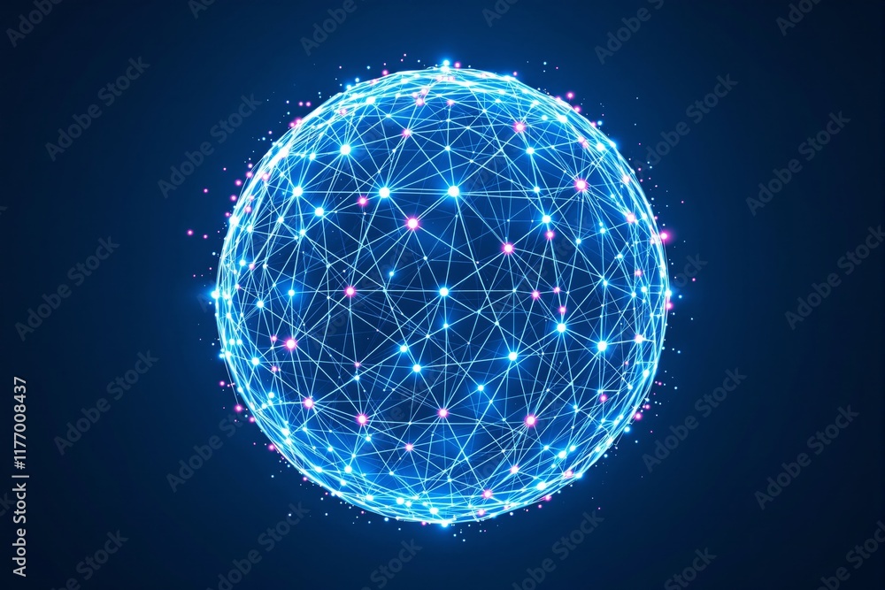 Glowing digital sphere with interconnected network of bright points on ...