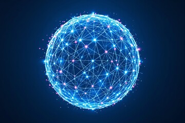 Wall Mural - glowing digital sphere with interconnected network of bright points on a dark blue background.