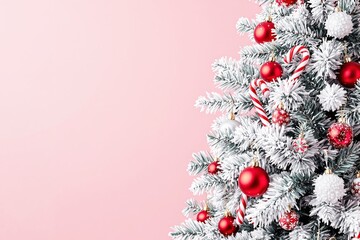 Wall Mural - Christmas tree with red ornaments and candy canes on a soft pink background.