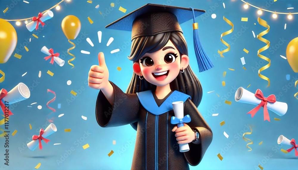 An animated female character joyfully celebrates graduation, wearing a ...