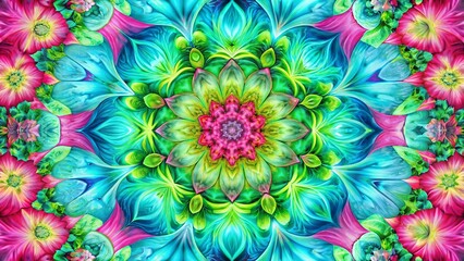 Wall Mural - vibrant neon geometric floral abstract art background - pastel pink, green, blue