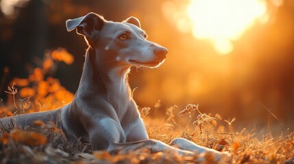 Poster - Dog resting peacefully in a golden sunset with autumn leaves around in a serene outdoor setting