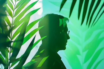 Wall Mural - A man is standing in front of a green leafy plant