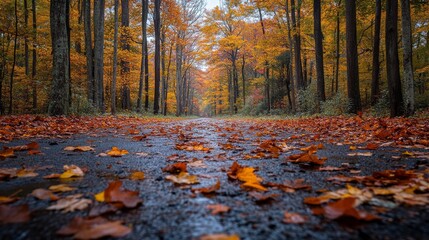 Colorful autumn leaves cover a forest path in vibrant orange and red tones during a sunny day