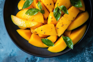 Wall Mural - Fresh mango slices with basil garnish