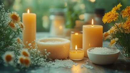 Canvas Print - Relaxing spa setup with scented candles and flowers on a wooden table for a calming atmosphere