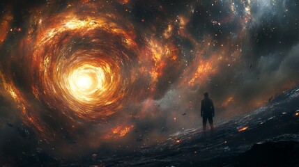 Poster - Person standing at the edge of a swirling cosmic vortex in a dramatic landscape