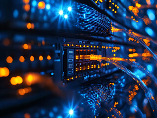 Wall Mural - network of fiber optic cables glowing in data center, showcasing technology