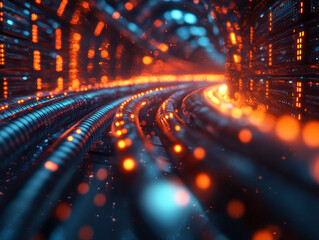 Wall Mural - vibrant network of fiber optic cables glowing in data center