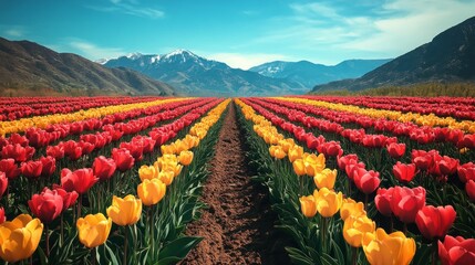 Wall Mural - Vibrant tulip field showcasing colorful blooms against a clear blue sky in springtime