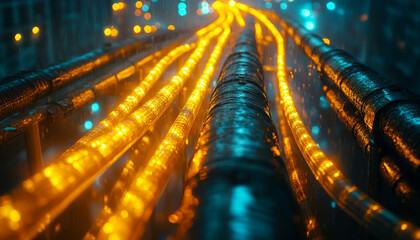 Wall Mural - vibrant view of illuminated cables in network, showcasing technology beauty