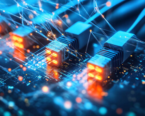 Wall Mural - fiber optic cables glowing with vibrant lights, creating digital network