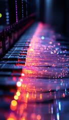 Wall Mural - fiber optic cables glowing in data center, showcasing vibrant lights and technology