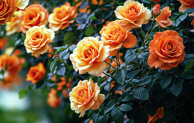 Wall Mural - a vibrant display of orange and yellow roses with green leaves, set against a blurred background. The roses are in full bloom and are the focal point of the image.