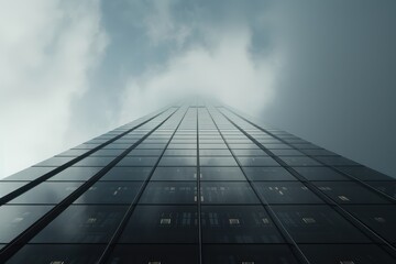 Fototapete - Tall urban skyscraper reaching towards a cloudy sky in a bustling city environment during late afternoon hours