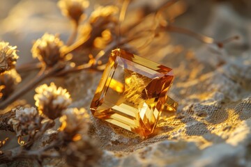 Fototapete - Stunning square-cut yellow gemstone ring resting on sparkling quartz crystals in natural sunlight