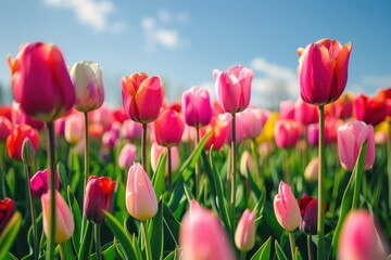 Wall Mural - Vibrant tulip field in spring under a clear blue sky with colorful blossoms swaying gently in the breeze