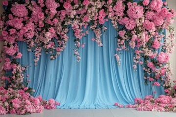 Wall Mural - Pink flowers cascading down a light blue fabric backdrop.