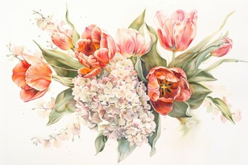 Aufkleber - Vibrant watercolor painting of tulips and hydrangeas captured in spring bloom against a soft background