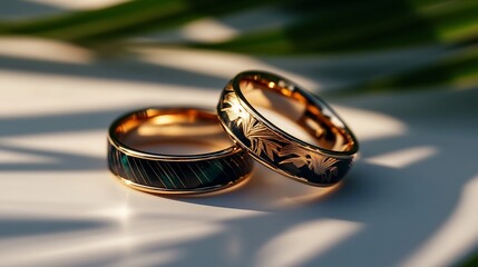 Elegant Wedding Rings: A Close-Up of Two Exquisite Gold Bands with Intricate Designs, Resting on a Soft White Surface, Bathed in Warm Sunlight.